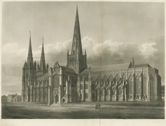 Lichfield Cathedral - South East View: akvatintgravering, og [?1800-tallet]