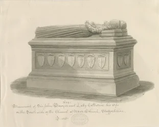 Maer Church - Monument til Sir John Bowyer og Lady Catherine: sepia vasketegning, 1843