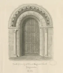 Mayfield Church - South Doorway: sepia vasketegning, 1839