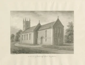 Newborough Church: sepia vask tegning