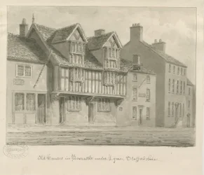 Newcastle-under-Lyme - Gamle hus: sepia-tegning, 1840