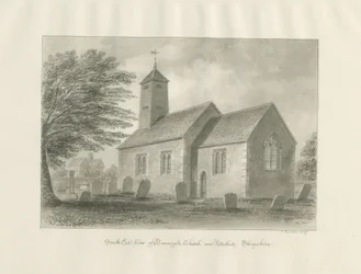 Patshull - Boningale kirke: sepia vask tegning