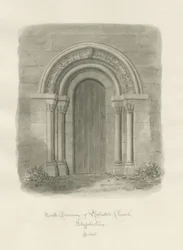 Rolleston Church - North Doorway: sepia-tegning