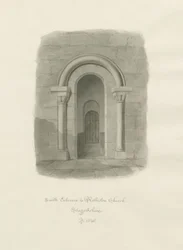 Rolleston Church - South Entrance: sepia-tegning
