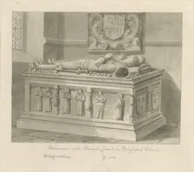 Seighford Church - Tomb of William and Mercy Bowyer: sepia vasketegning, 1842