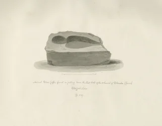 Standon kirke: eldgammel steinkiste: sepia-tegning, 1847