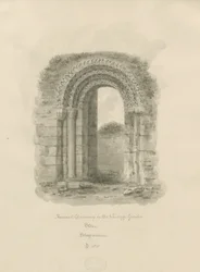 Stone - Ancient Doorway in Vicarage Garden: sepia-tegning, 1841