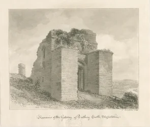 Tutbury Castle - Remains of the Gateway: sepia vask tegning
