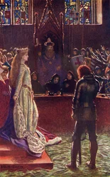 Sir Lanvals dame appellerer til dommerne, illustrasjon fra «Romance and Legend of Chivalry» av A. R. Hope Moncrieff