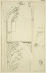 Detaljer om Clerestory Window Tracery og Vaulting of the Aisle nedenfor, i St Mary Redcliffe (blyant og akvarell på papir)