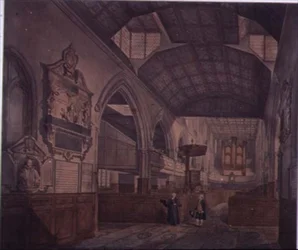 Innvendig utsikt over kirken St. Giles, Cripplegate, vestover, med monumentet til Constance Whitney