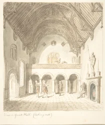 Lea Castle, Worcestershire, Utsikt i Great Hall, Looking West, ca. 1816.