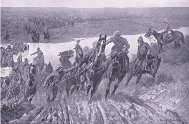 Artilleri som forser kaledonen ved Karreepoort Drift, illustrasjon fra After Pretoria: The Guerilla War, 1902