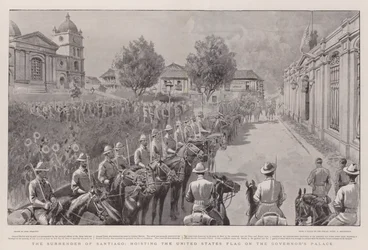 Overgivelsen av Santiago, heiser USAs flagg på guvernørens palass