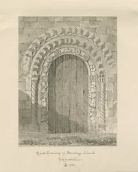 Armitage Church - South Doorway: sepia-tegning, 1823