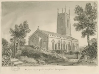 Cheadle Church: sepia-tegning