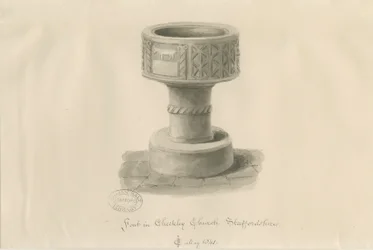 Font i Checkley Church: sepia-tegning, 1841