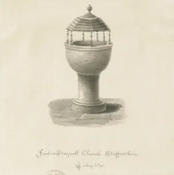 Døpefont i kirken i Draycott in the Moors: sepiategning