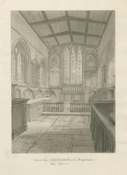 Interiør i Blithfield Church: sepia-tegning