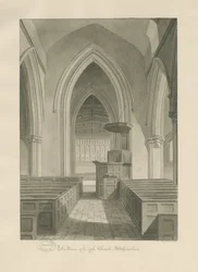Interiør i Leigh Church: sepia-tegning