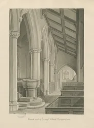 Interiør i Leigh Church: sepia-tegning
