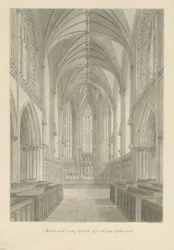 Interiør i Lichfield Cathedral - Choir and Lady Chapel: sepia-tegning