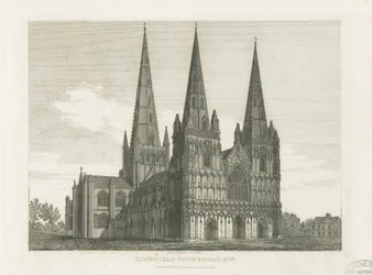 Lichfield Cathedral - West Front: gravering, nd [c 1820] (trykk)