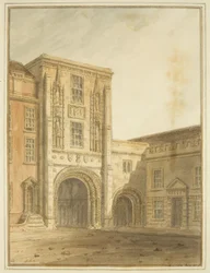 North View of College Gateway (akvarell over blyant på papir)