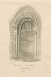 Stowe Church - South Door: sepia tegning