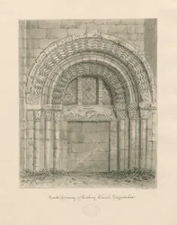 Tutbury Priory Church - South Doorway: sepia vasketegning, 1812