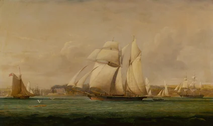 En toppseilskoter, to Royal Yacht Squadron Cutters og et amerikansk handelsskip (olje)