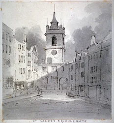 Church of St Giles uten Cripplegate fra Fore Street, City of London, 1790.
