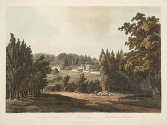 The Residence of Rousseau, illustrasjon fra Versailles, Paris og Saint Denis, pub. 1809 (akvatint)