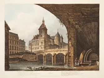 Utsikt over Pont-au-Change, Tour de lHorloge og Conciergerie, illustrasjon fra Versailles, Paris og Saint Denis, pub. 1807 (akvatint)