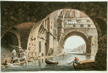Vaskeplassen til Hotel-Dieu og Pont de la Tournelle, gravert av I. Hill, 1810 (akvatint)