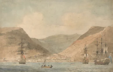 Utsikt over Jamestown, St. Helena, fra havet med frakt