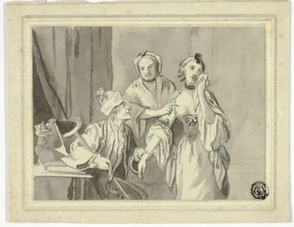 Litterær illustrasjon: Gammel mann holder ung kvinne tilbake, som er ledsaget av eldre kvinne