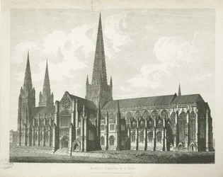 Lichfield Cathedral - South East View: gravering, nd [c 1823] (trykk)