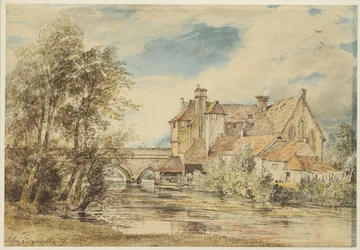Gamle hus på Harnham Bridge, Salisbury med Ancient Hospital of Saint Nicholas, 1827