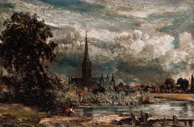 Salisbury Cathedral fra Long Bridge nær Fisherton Mill