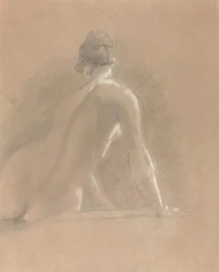 Studie av en kvinnelig nakenfigur, sett bakfra (kritt på papir)