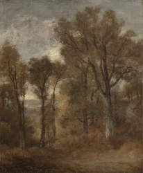 Skogsscene med utsikt over Dedham Vale, ca. 1802-03