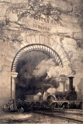 Acheron 2-2-2 lokomotiv som dukker opp fra en tunnel nær Bristol, frontispice til The History and Description of the Great Western Railway, 1846