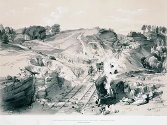 Sprengning av steiner, Linsdale, Buckinghamshire, 1830-tallet (penn og blekk og vask på papir)