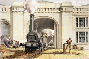 Inngang til Locomotive Engine House, Camden Town, gravert av kunstneren, 1839