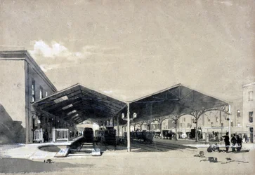 Euston Station interiør, mai 1837 (penn og blekk og vask på papir)