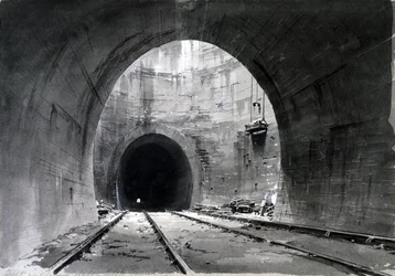 Flott ventilasjonssjakt, Kilsby Tunnel, Northamptonshire, 1837-38 (penn og blekk og vask på papir)
