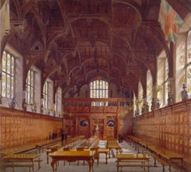 Innvendig utsikt over Middle Temple Hall fra det høye bordet med figurer, London, 1884
