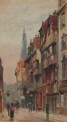 Utsikt over Wych Street, Westminster, østover fra New Inn gateway, London, c1880