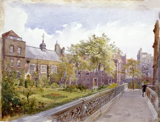 Utsikt over Staple Inn and garden, London, 1882
